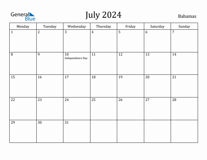 July 2024 Bahamas Monthly Calendar with Holidays
