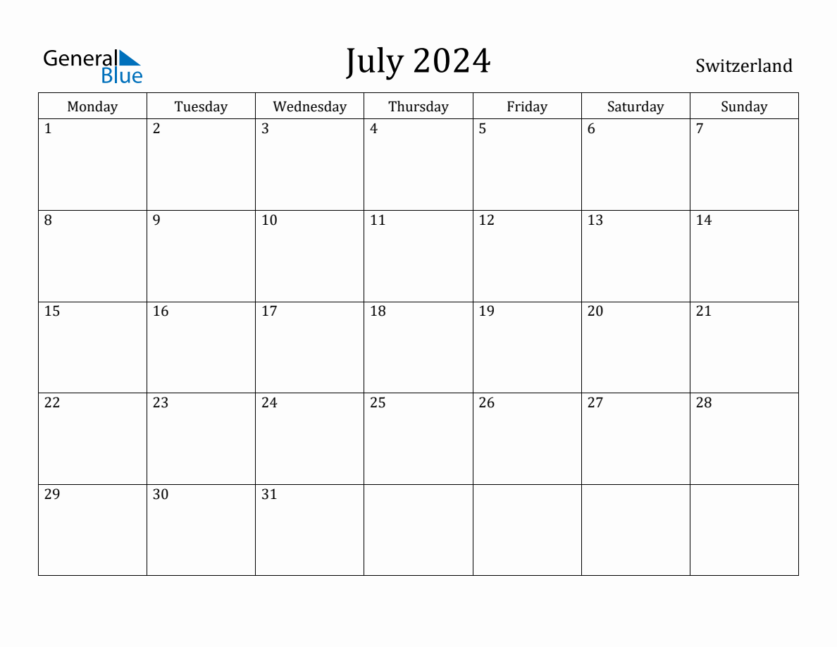 July 2024 Switzerland Monthly Calendar with Holidays