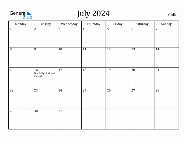 July 2024 Chile Monthly Calendar with Holidays