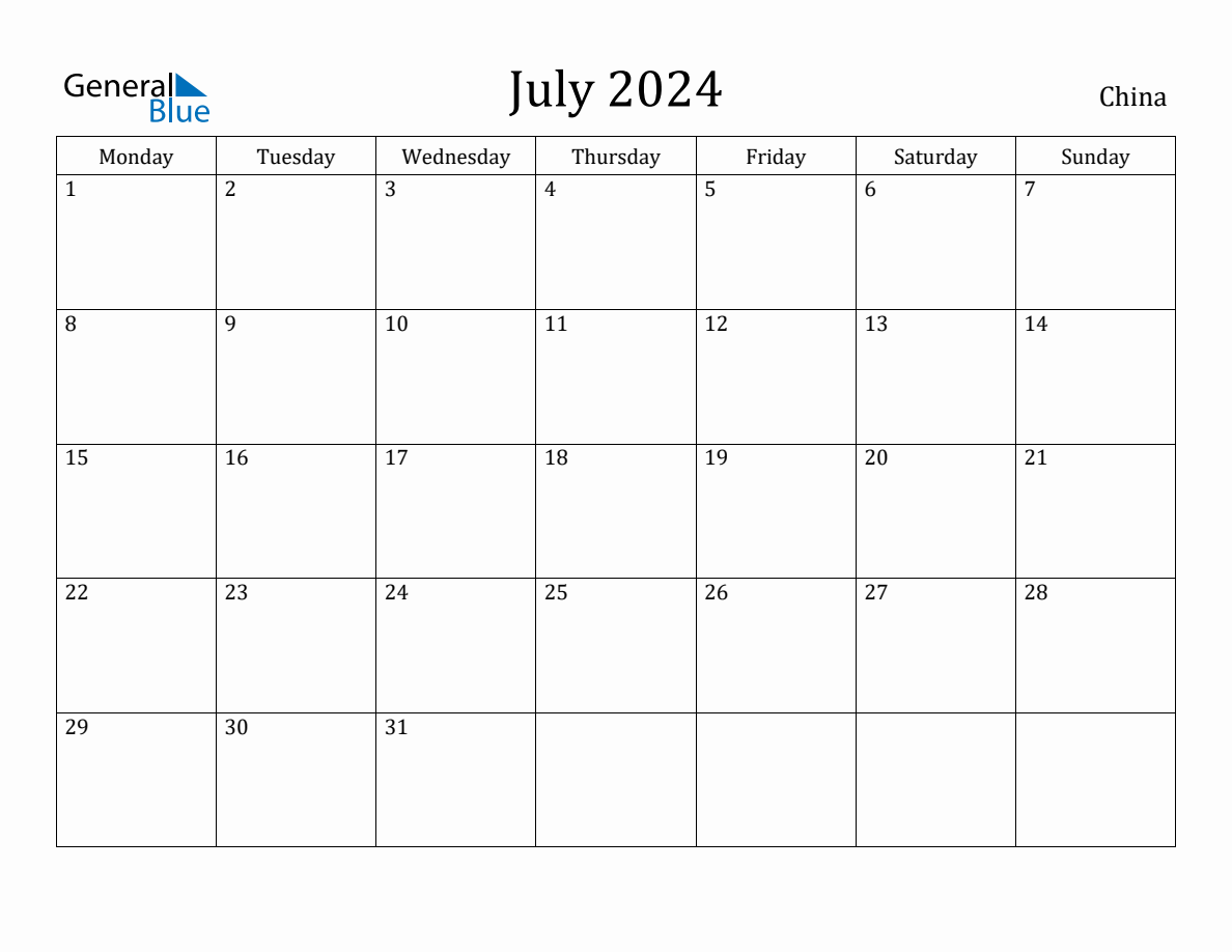 July 2024 China Monthly Calendar with Holidays