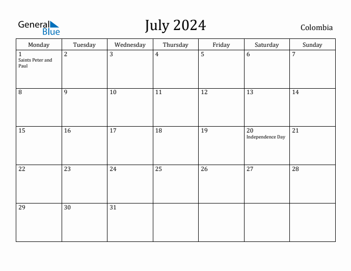 July 2024 Calendar Colombia