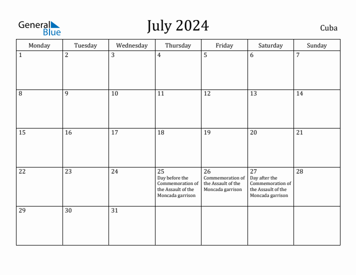 July 2024 Calendar Cuba