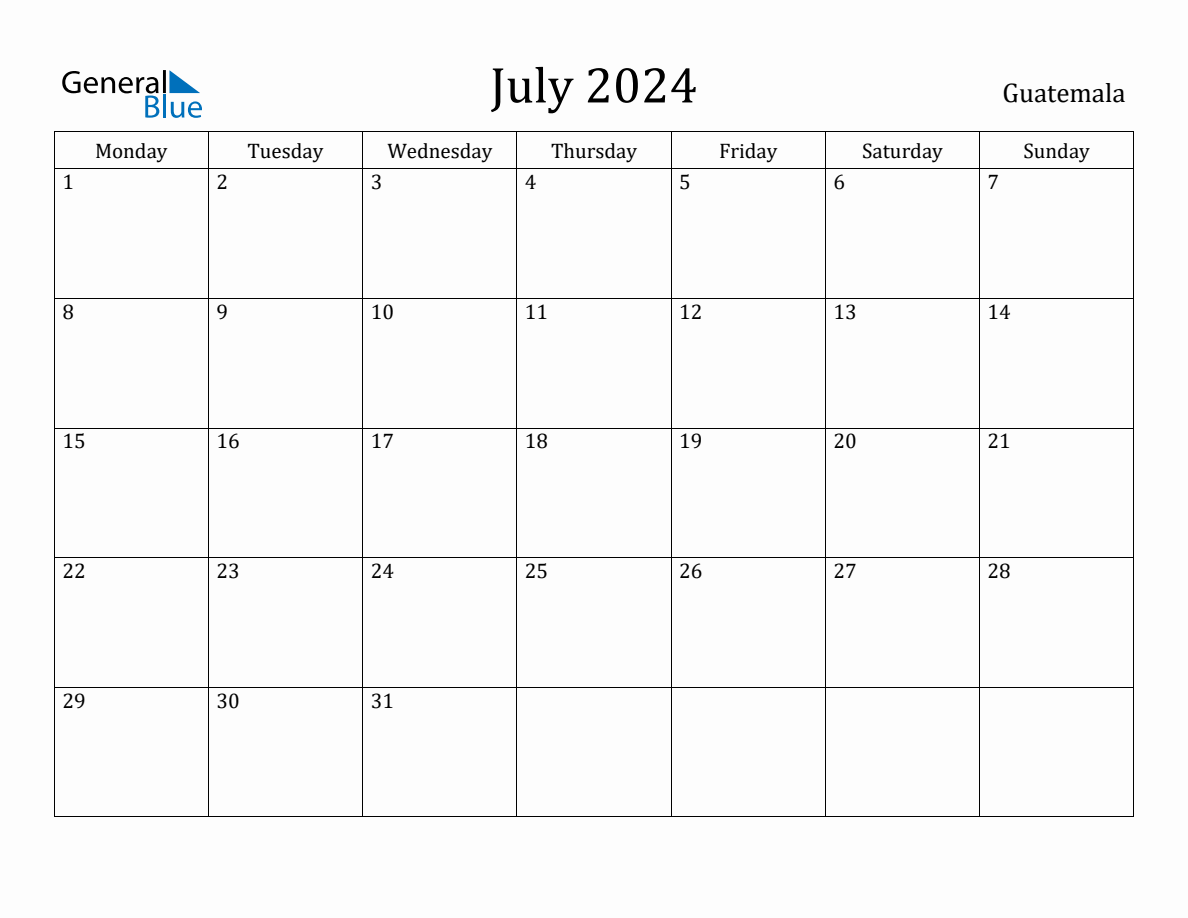 July 2024 Guatemala Monthly Calendar With Holidays   2024 07 July Calendar Monday Start En Gt 1188x918 