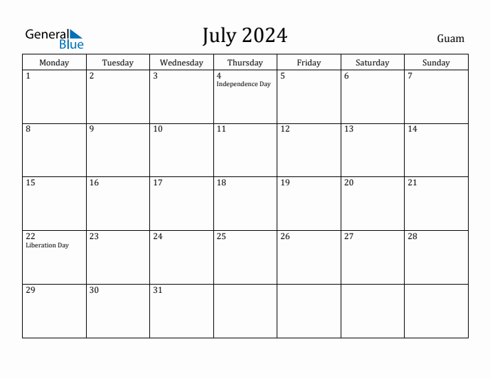 July 2024 Calendar Guam