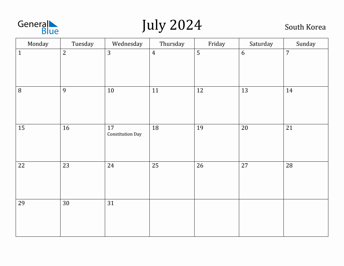July 2024 South Korea Monthly Calendar with Holidays
