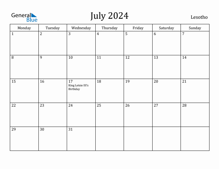 July 2024 Calendar Lesotho