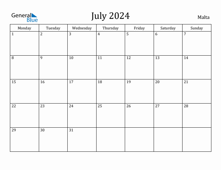 July 2024 Malta Monthly Calendar with Holidays