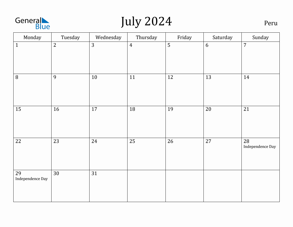 July 2024 Peru Monthly Calendar with Holidays