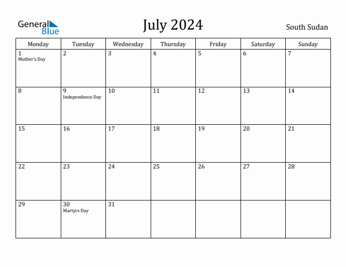 July 2024 Calendar South Sudan