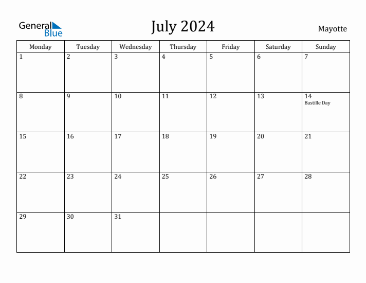 July 2024 Calendar Mayotte