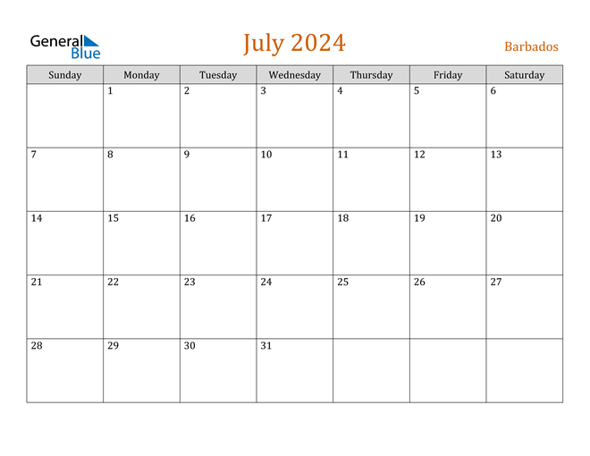 Barbados July 2024 Calendar with Holidays