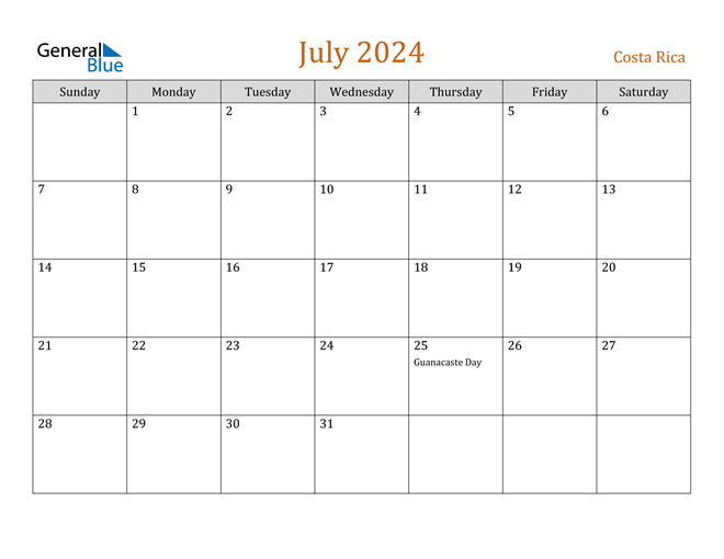 Costa Rica July 2024 Calendar with Holidays