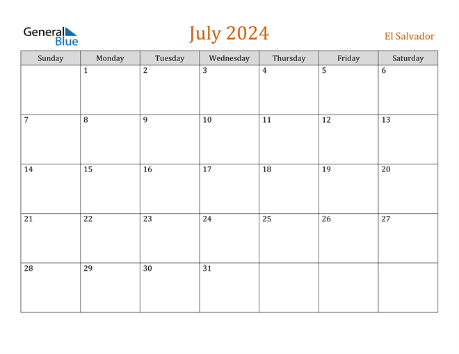 July 2024 Calendar with El Salvador Holidays