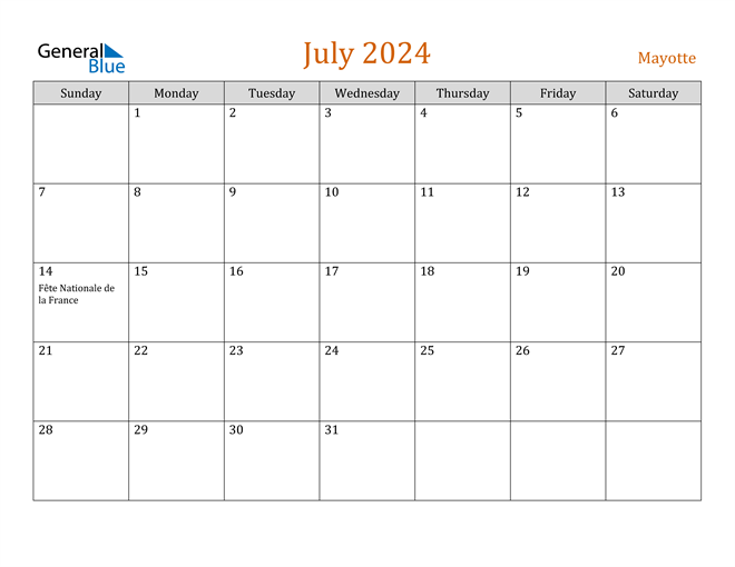Mayotte July 2024 Calendar with Holidays