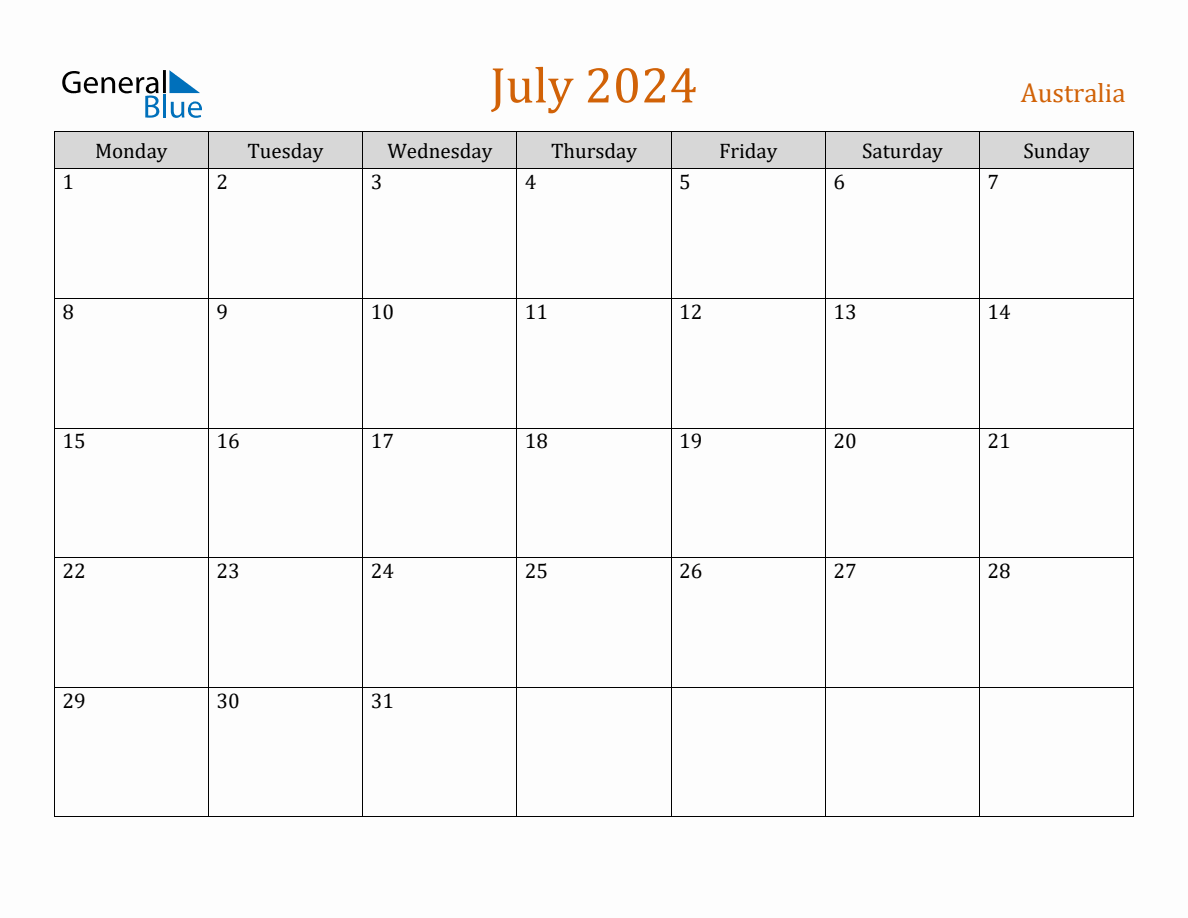 Free July 2024 Australia Calendar