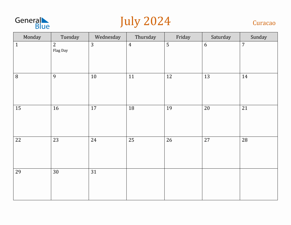 Free July 2024 Curacao Calendar