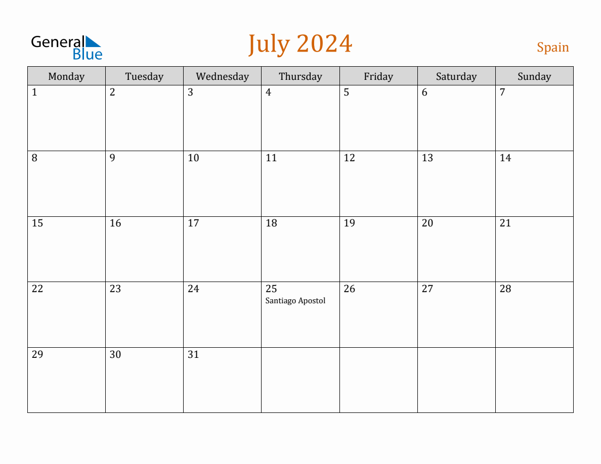 Free July 2024 Spain Calendar