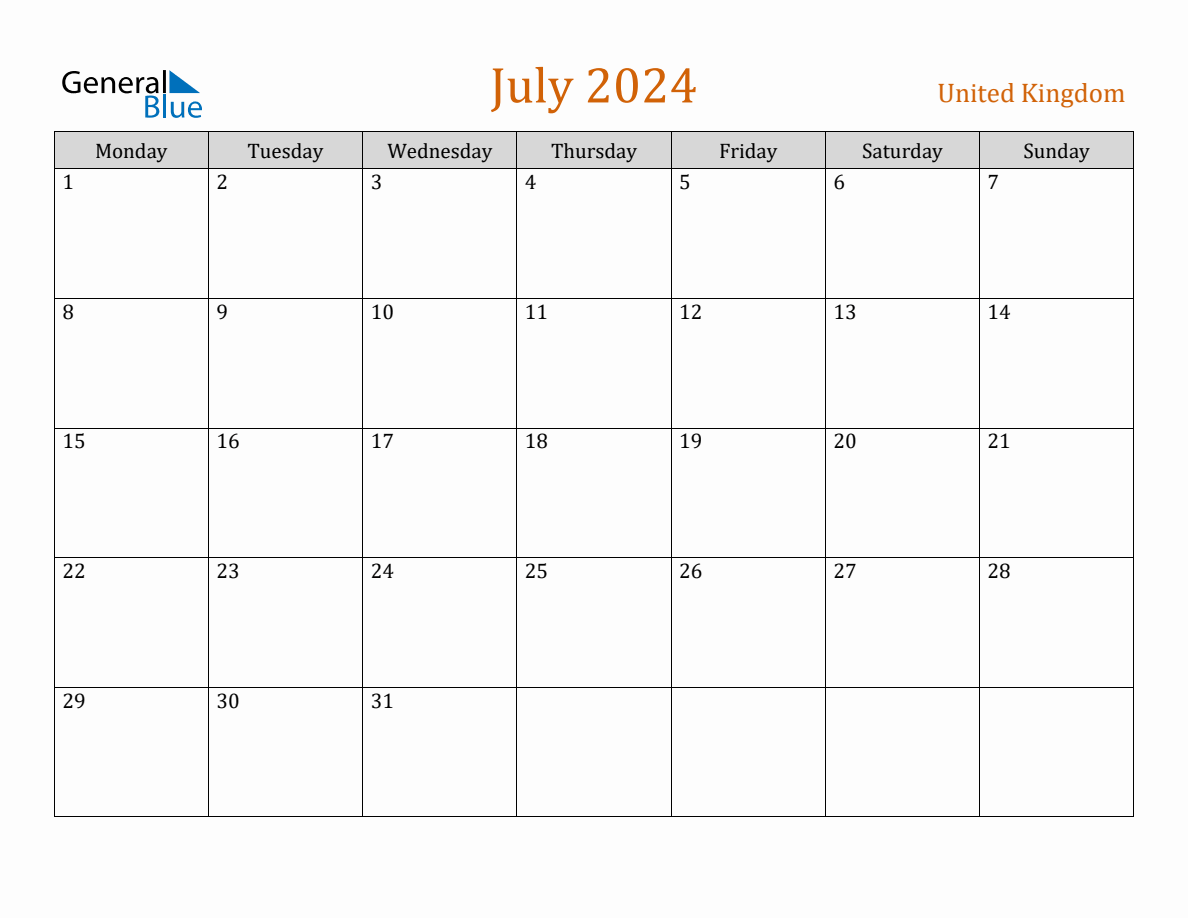 Free July 2024 United Kingdom Calendar