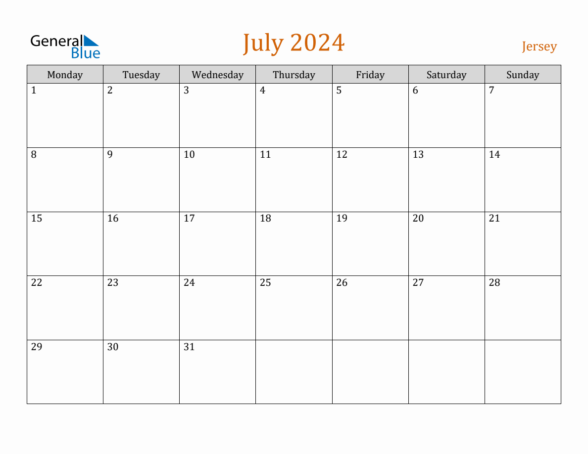 Free July 2024 Jersey Calendar