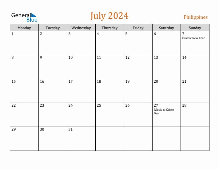 July 2024 Holiday Calendar with Monday Start