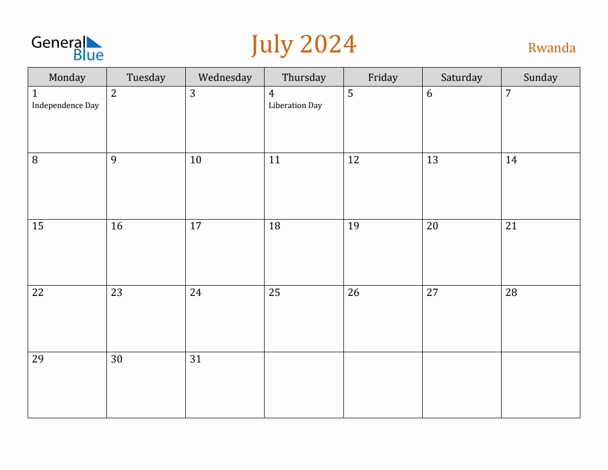 Free July 2024 Rwanda Calendar
