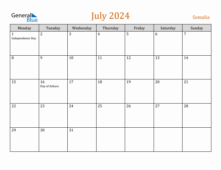 July 2024 Holiday Calendar with Monday Start