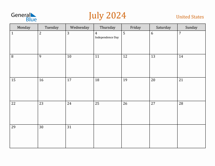 July 2024 United States Monthly Calendar with Holidays