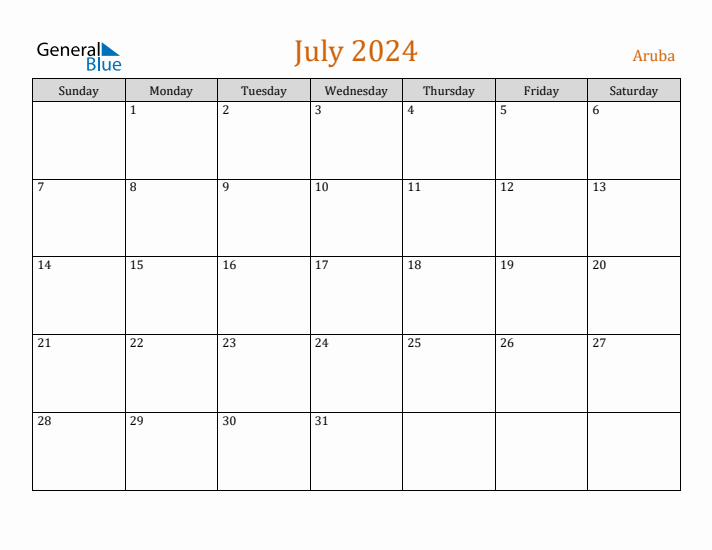Free July 2024 Aruba Calendar