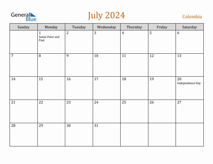 July 2024 Holiday Calendar with Sunday Start
