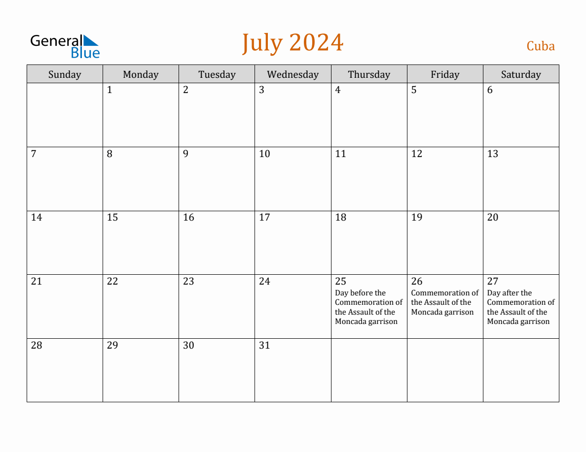 Free July 2024 Cuba Calendar