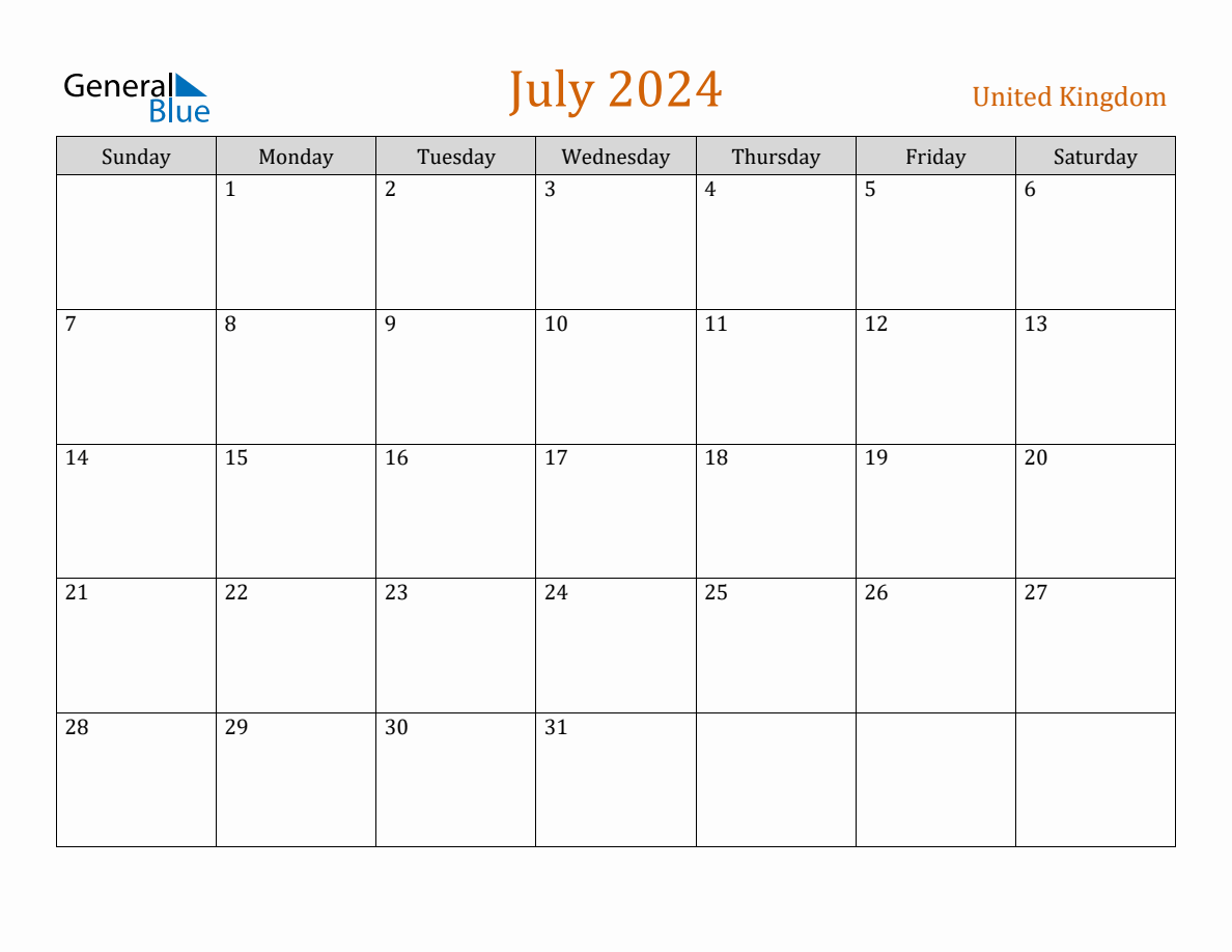 Free July 2024 United Kingdom Calendar