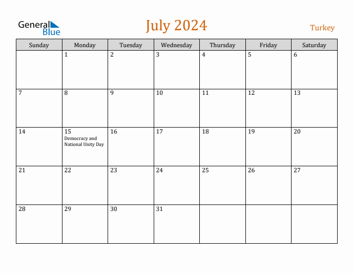 July 2024 Monthly Calendar with Turkey Holidays