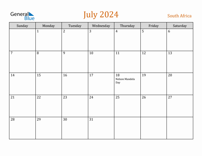 Free July 2024 South Africa Calendar