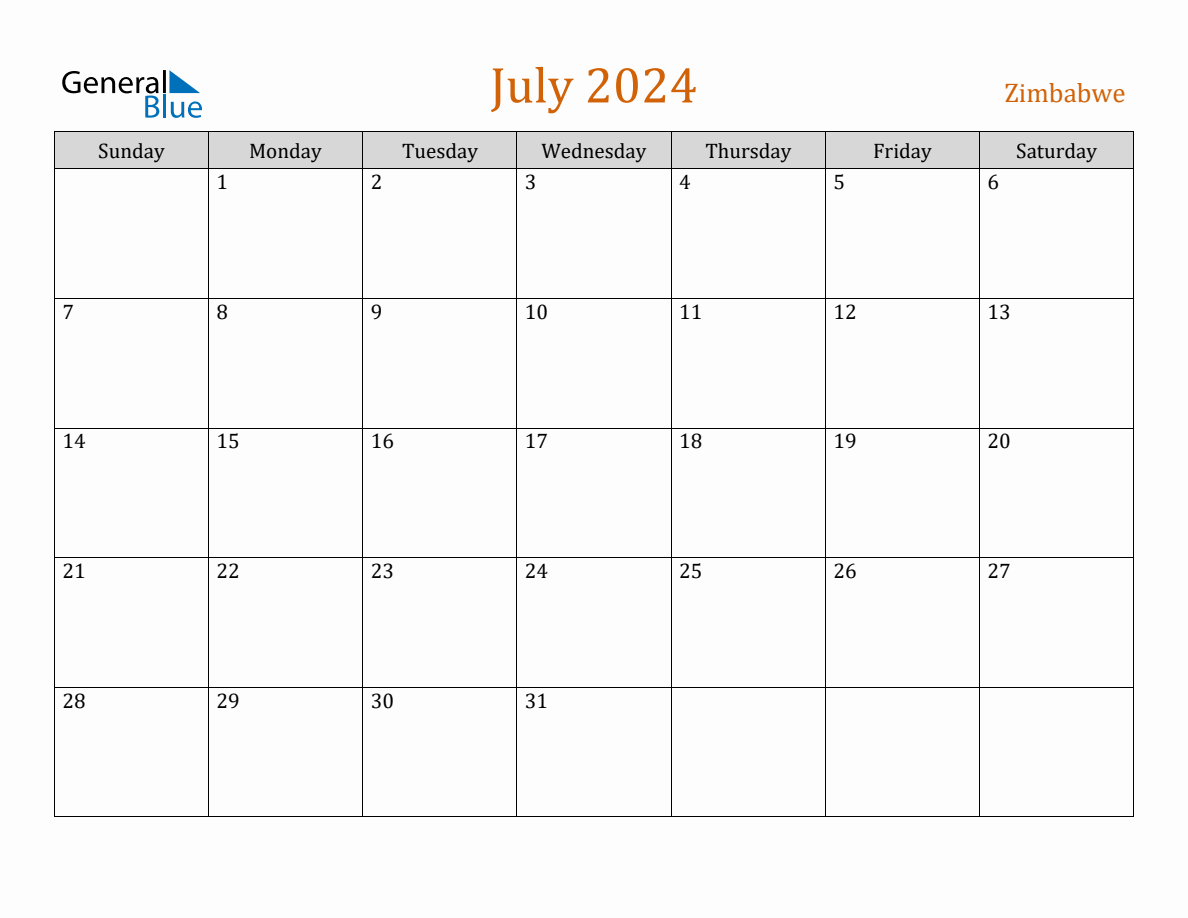 Free July 2024 Zimbabwe Calendar