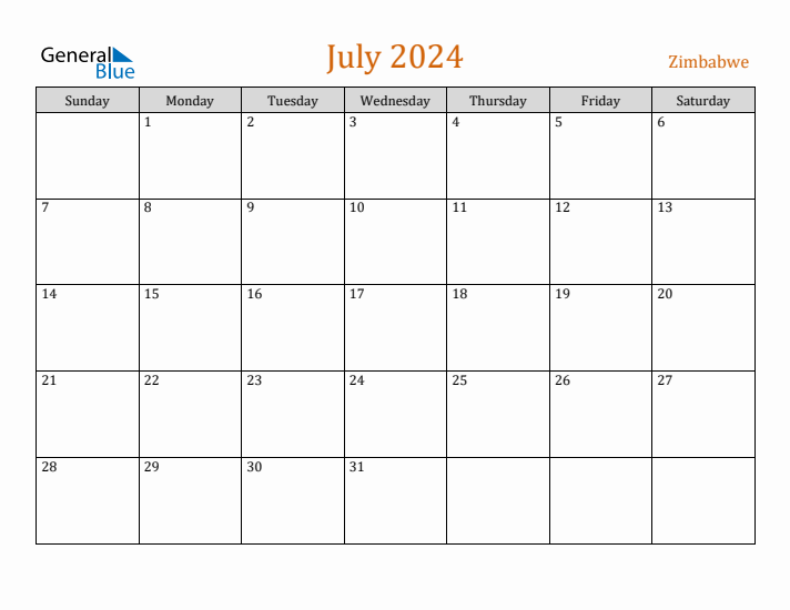 July 2024 Monthly Calendar with Zimbabwe Holidays