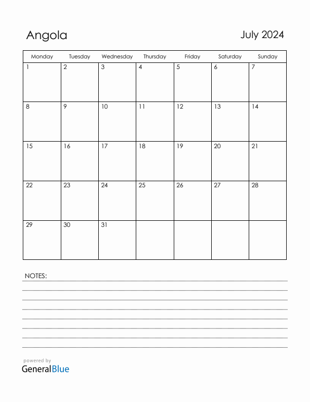 July 2024 Angola Calendar with Holidays (Monday Start)