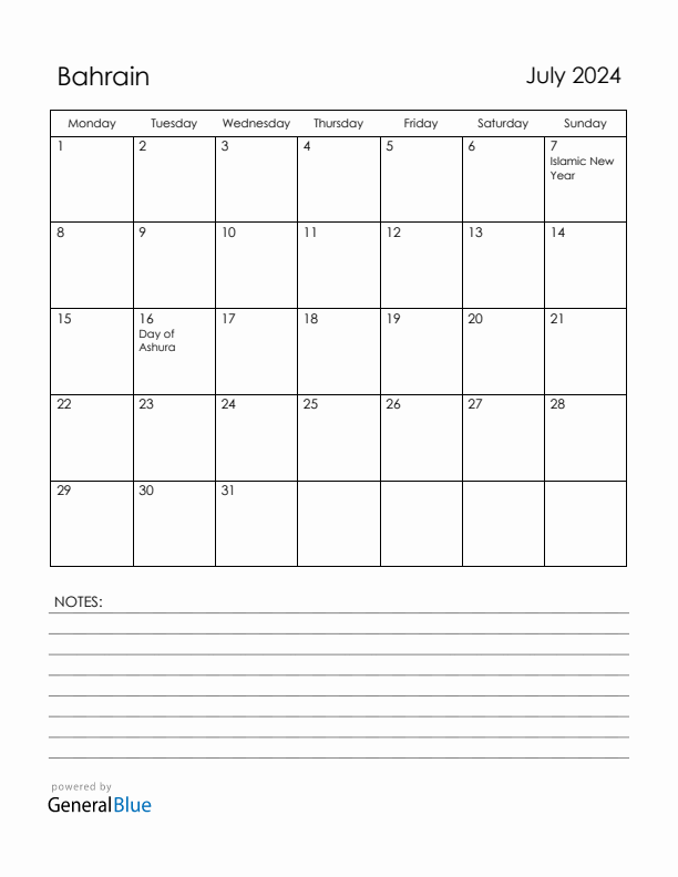 July 2024 Bahrain Calendar with Holidays (Monday Start)