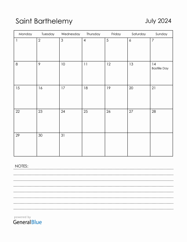 July 2024 Saint Barthelemy Calendar with Holidays (Monday Start)