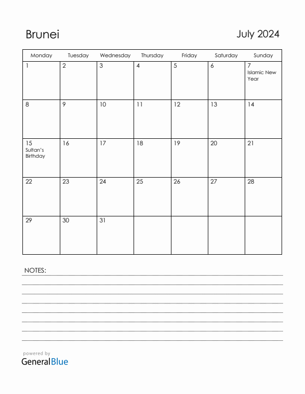 July 2024 Brunei Calendar with Holidays (Monday Start)