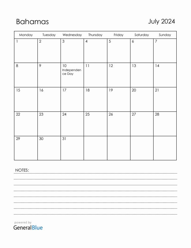 July 2024 Bahamas Calendar with Holidays (Monday Start)