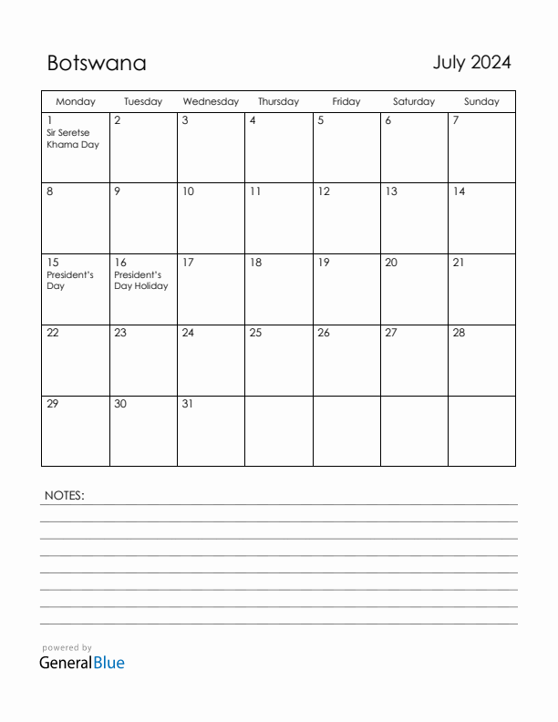 July 2024 Botswana Calendar with Holidays (Monday Start)