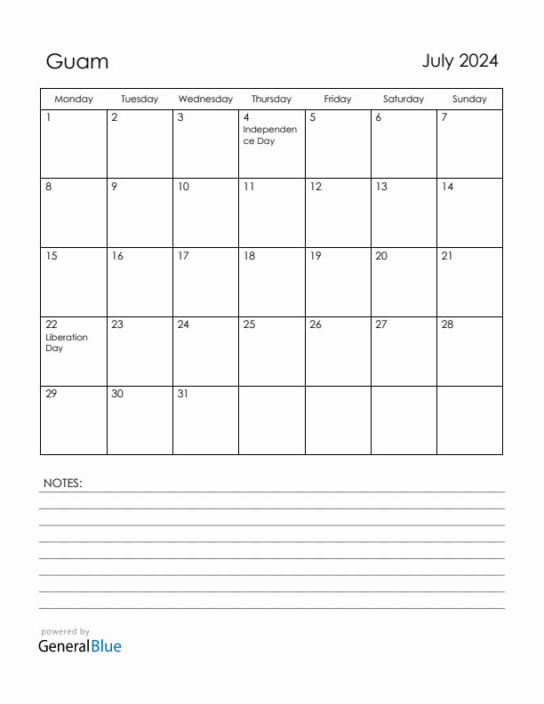 July 2024 Guam Calendar with Holidays (Monday Start)