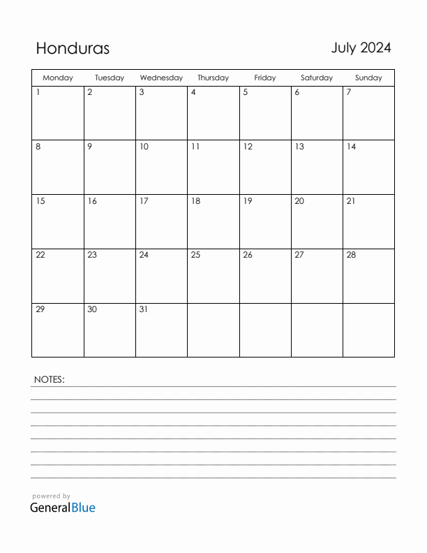July 2024 Honduras Calendar with Holidays (Monday Start)