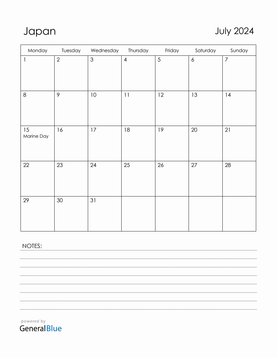 July 2024 Japan Calendar with Holidays