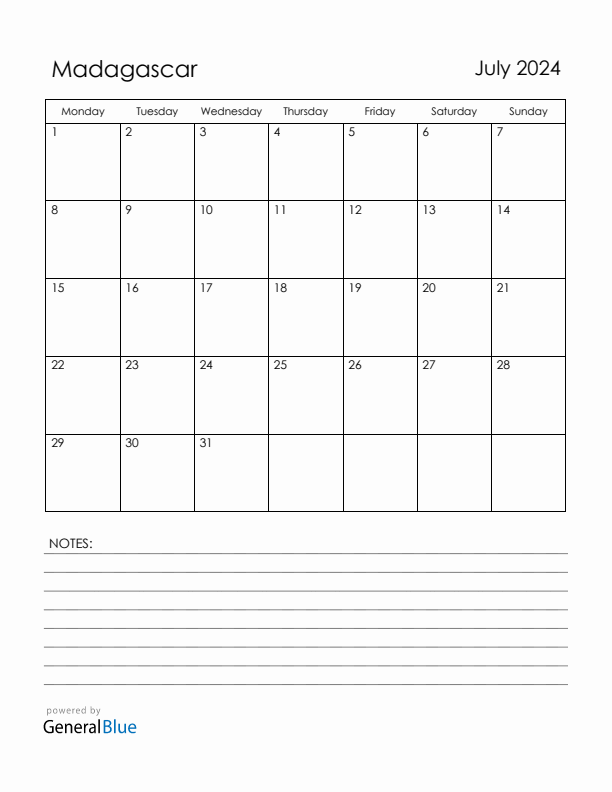 July 2024 Madagascar Calendar with Holidays (Monday Start)