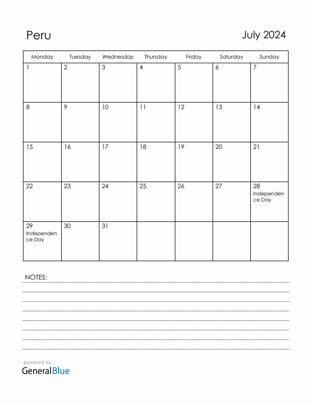 July 2024 Peru Calendar with Holidays (Monday Start)
