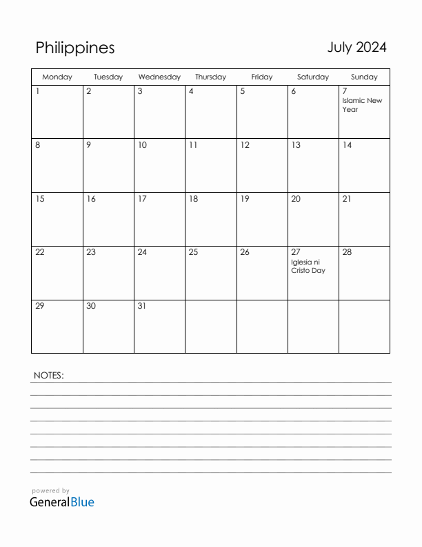 July 2024 Philippines Calendar with Holidays (Monday Start)