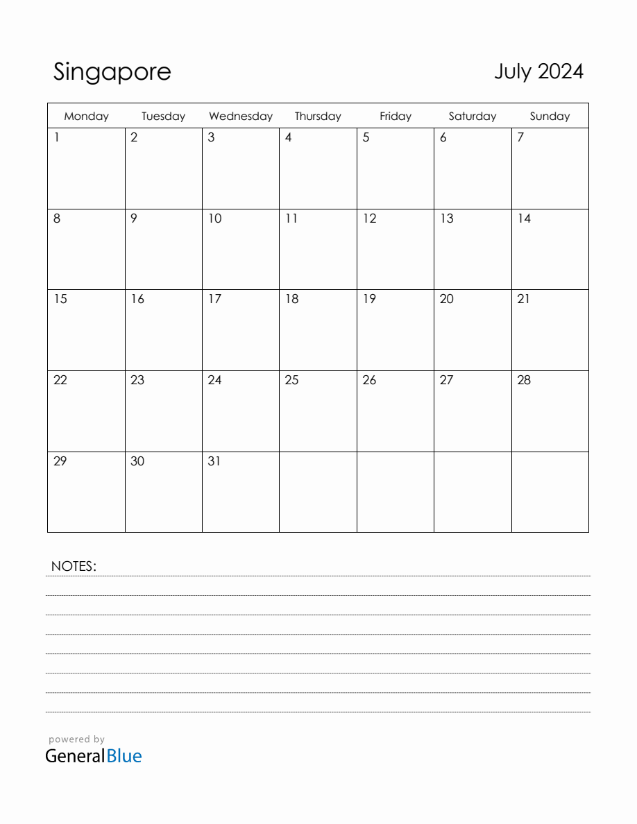 July 2024 Singapore Calendar with Holidays