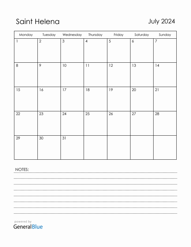 July 2024 Saint Helena Calendar with Holidays (Monday Start)