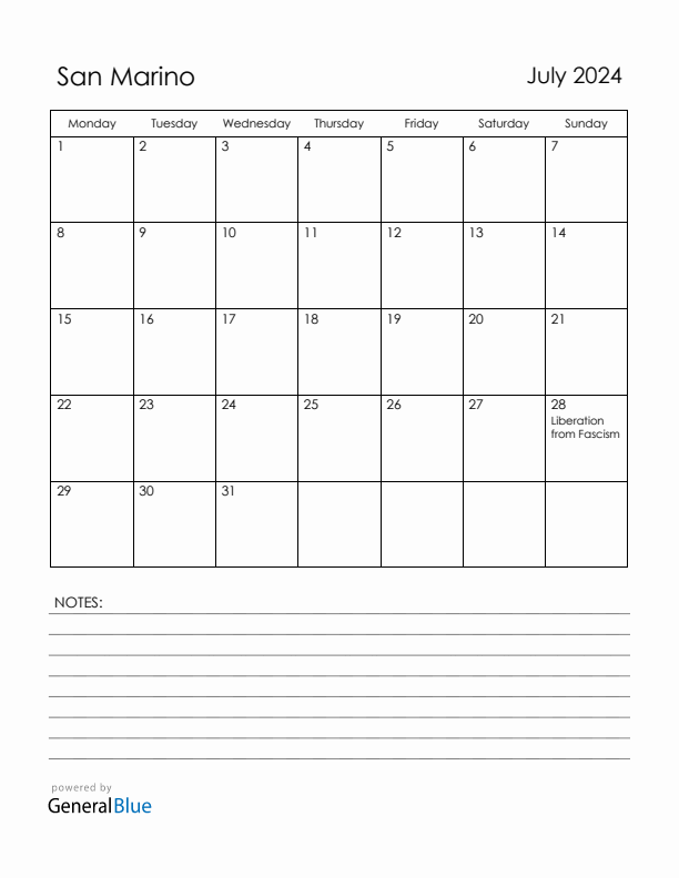 July 2024 San Marino Calendar with Holidays (Monday Start)
